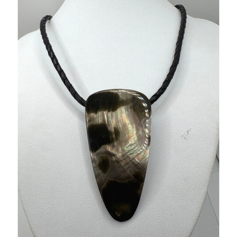 Sterling Silver 925 Black Lip Shell Pendant Braided Cord Necklace Statement Boho